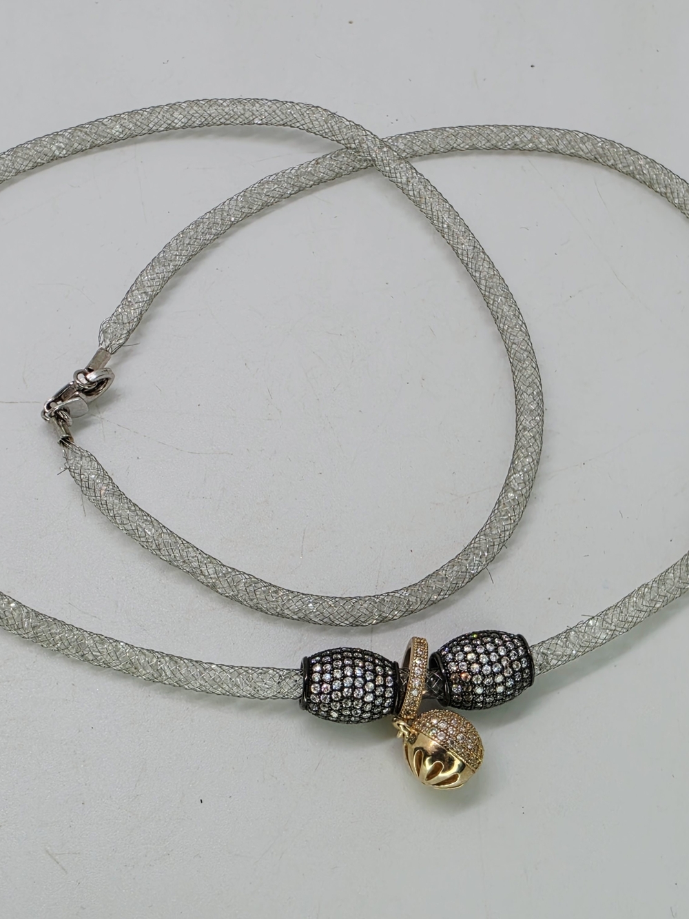 Vtg Marsala Swarovski Crystal Mesh Slide Necklace Pave Charms Sterling Silver